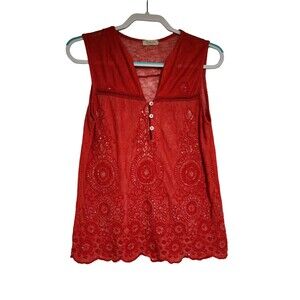 Bellambra Italy Embroidered Sleeveless V-Neck Tunic Top Red Cotton-Blend Size S